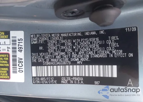 2010 Toyota Sienna Le z USA, uszkodzony, nr VIN 5TDKK4CC3AS338779